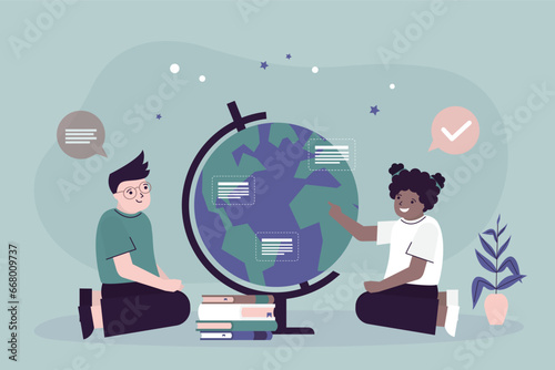 Boy and girl exploring globe. Children study geography. education and primary class. Students studying world map, discovery. Smart and curious kids. Classmates with textbooks.