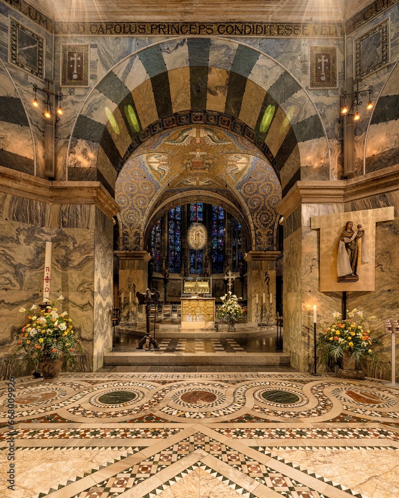Decorated interior of the Aachen Cathedral in Germany