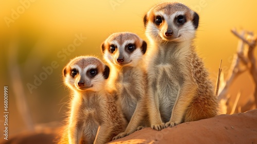Funny animal Meerkat family see out. AI generated image
