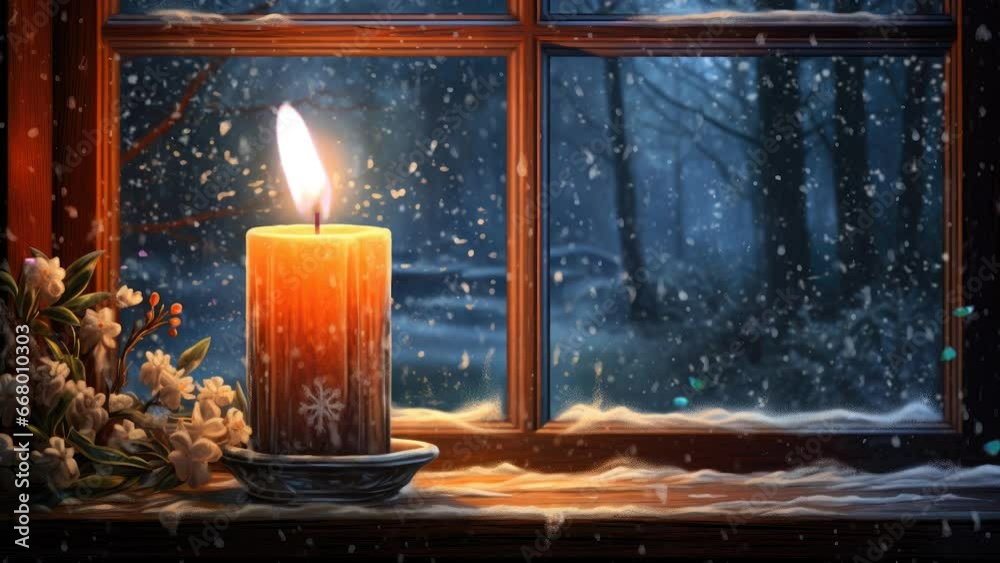 Lit candle placed in a glass vase on a window sill surrounded by