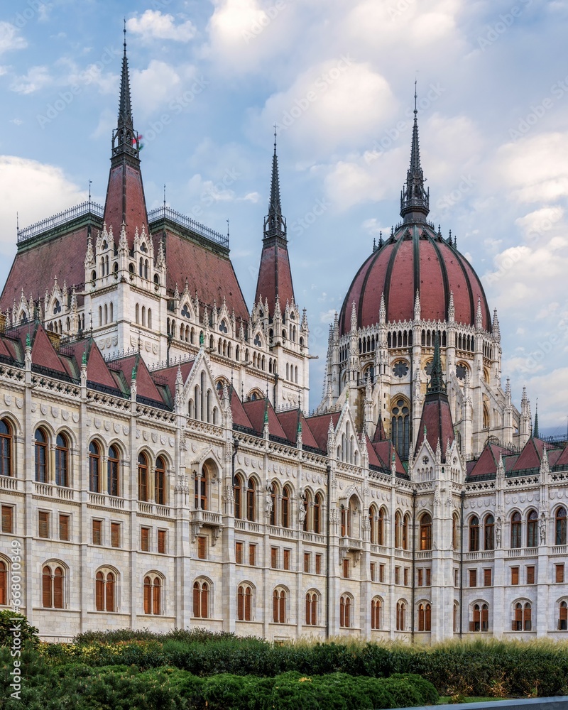 Scenic view of the Hungarian Parliament building against a cloudy sky, Budapest