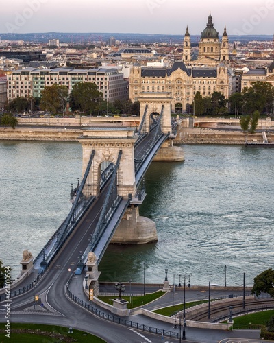 Aerial view of Chain Bridge in Budapest, Hungary, with the St Stephen's Cathedral in the background photo