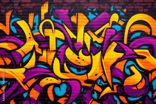 Graffiti background on a brick wall, black yellow purple