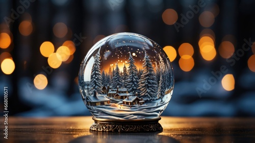 Christmas winter new year holiday glass ball with snow covered fir forest