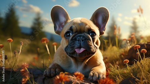 Cute beautiful domestic dog French bulldog lies resting on the grass on a walk outside photo