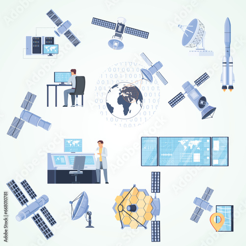 satellites concept icons set with space exploration symbols flat isolated vector illustration