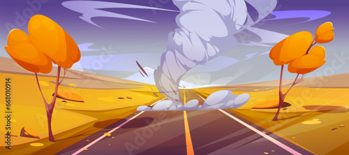 Tornado storm cyclone on autumn road vector landscape. Hurricane wind weather environmental scene with nature phenomenon in fall season. Game location panorama with nobody on asphalt pathway in desert