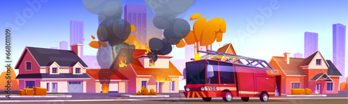 Fire in city building and truck to rescue cartoon autumn illustration. Burning house insurance incident in town. Firetruck emergency service near residential apartment with smoke from window panorama