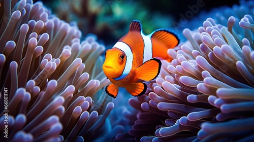 Funny Clown fish hiding on the host anemone coral reef. AI generated image