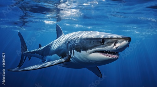 Ocean scary shark Open mouth with many teeth  Underwater blue sea. AI generated image