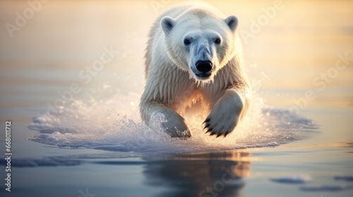 Polar bear running on the water from iceland. AI generated image
