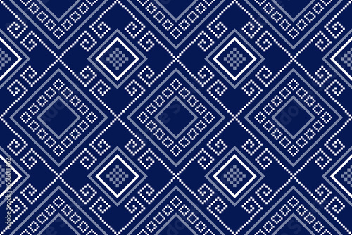 Indigo navy blue geometric traditional ethnic pattern Ikat seamless pattern border abstract design for fabric print cloth dress carpet curtains and sarong Aztec African Indian Indonesian