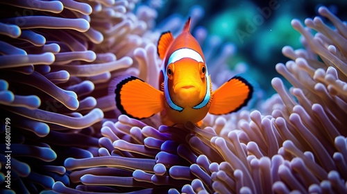 Funny Clown fish hiding on the host anemone coral reef. AI generated image