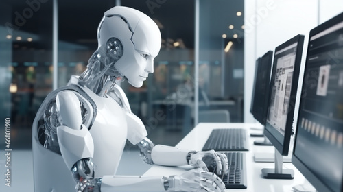 A humanoid robot works in an office on a laptop, Concept idea of ​​a bot assistant, business helper in everyday life.