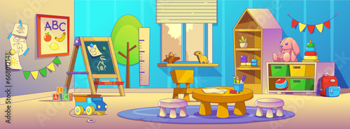 Kindergarten room with toys. Vector cartoon illustration of large playroom with window, blackboard for drawing, book and pencils on wooden table, chairs for kids, nursery play area, carpet on floor