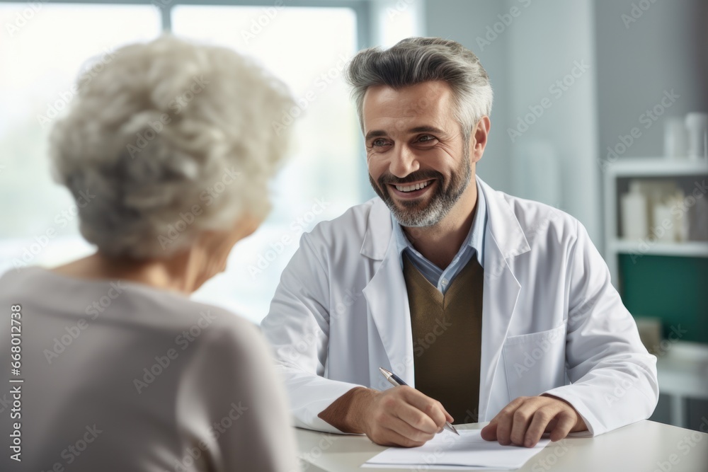 Male doctor consulting senior old patient filling form at consultation. Professional physician wearing white coat talking to mature woman signing medical paper at appointment visit in clinic. - obrazy, fototapety, plakaty 