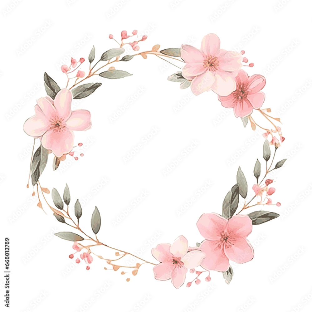 beautiful pink spring florwers blossom and leaves round frame golden watercolor paint