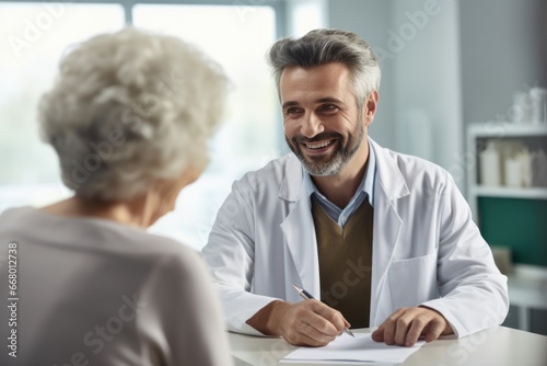 Male doctor consulting senior old patient filling form at consultation. Professional physician wearing white coat talking to mature woman signing medical paper at appointment visit in clinic. photo