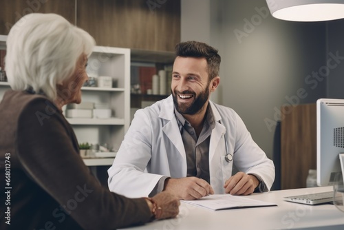 Male doctor consulting senior old patient filling form at consultation. Professional physician wearing white coat talking to mature woman signing medical paper at appointment visit in clinic.
