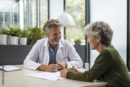 Male doctor consulting senior old patient filling form at consultation. Professional physician wearing white coat talking to mature woman signing medical paper at appointment visit in clinic. photo