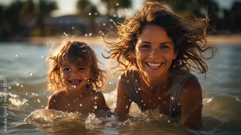 Mother and Daughter Sharing Laughter at the Beach Mother and Daughter Sharing Laughter at the Beach