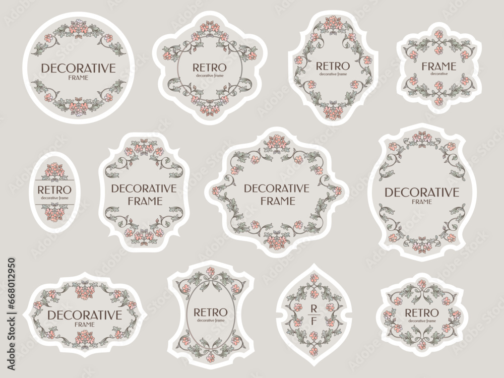 Collection of stickers and labels. Decorative floral frames. Stickers templates.
