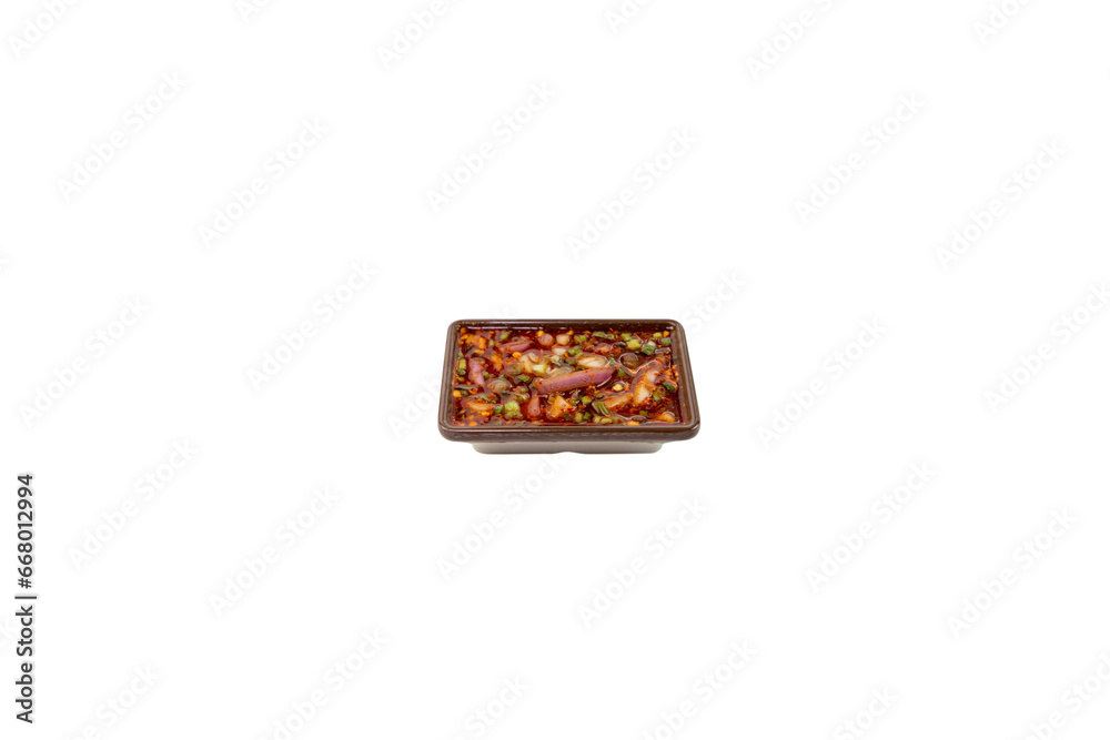 Hot Jaew Sauce in a transparent cup Dipping sauce for dipping Thai food. Spicy, sour, spicy taste. Jaew dipping sauce. Image for menu design.
Hot Jaew Sauce in a transparent cup Dipping sauce for dipping Thai food. Spicy, sour, spicy taste. Jaew dipping sauce. Image for menu design.