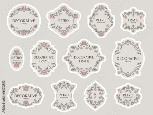 Collection of stickers and labels. Decorative floral frames. Stickers templates. 