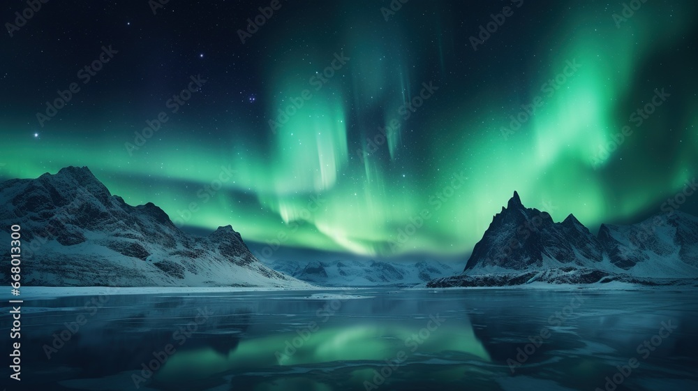 Green aurora borealis, polar lights over ice and snow landscape
