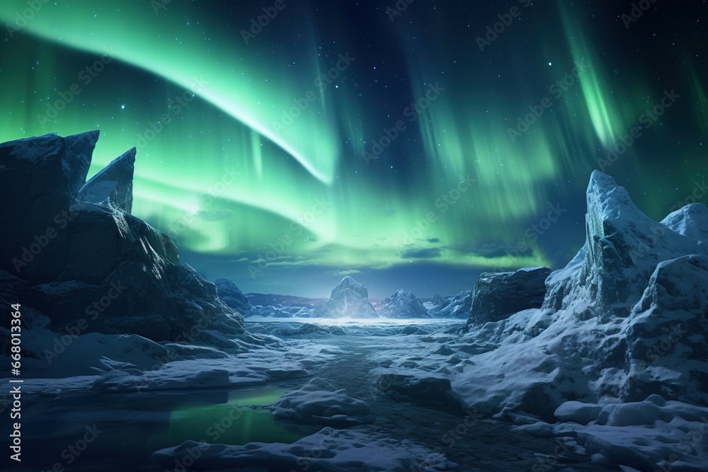 Green aurora borealis, polar lights over ice and snow landscape