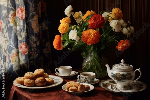 a floral arrangement, pastries and a teacup on a table. Generative AI © Ramin