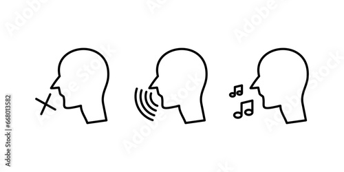collection of human voice icons. Talking vector. People talking sign, man with open mouth and sound waves, silent people sign, speech icon isolated on transparent background