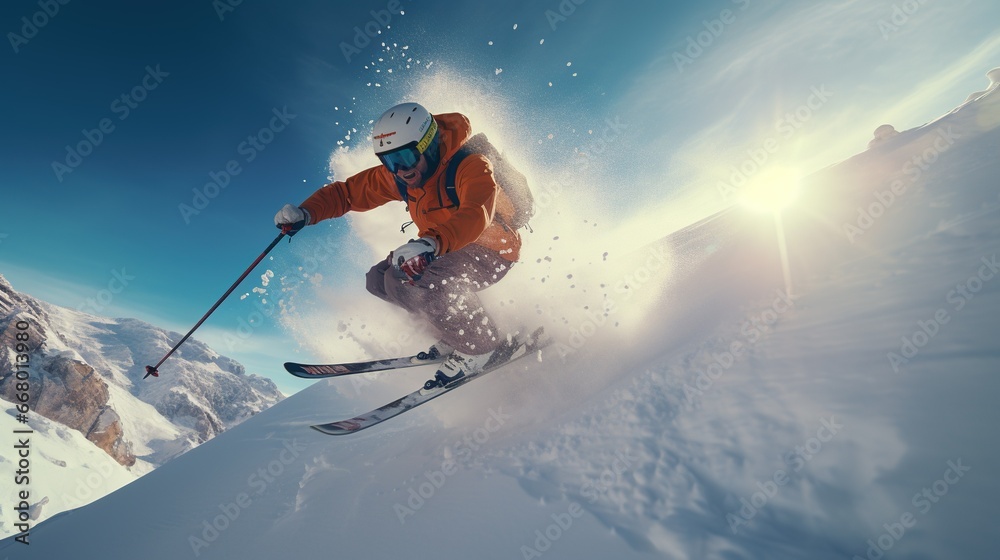 A professional skier in mid - jump, powder snow flying off the skis, bright, crisp day on a mountainside, focused and determined expression