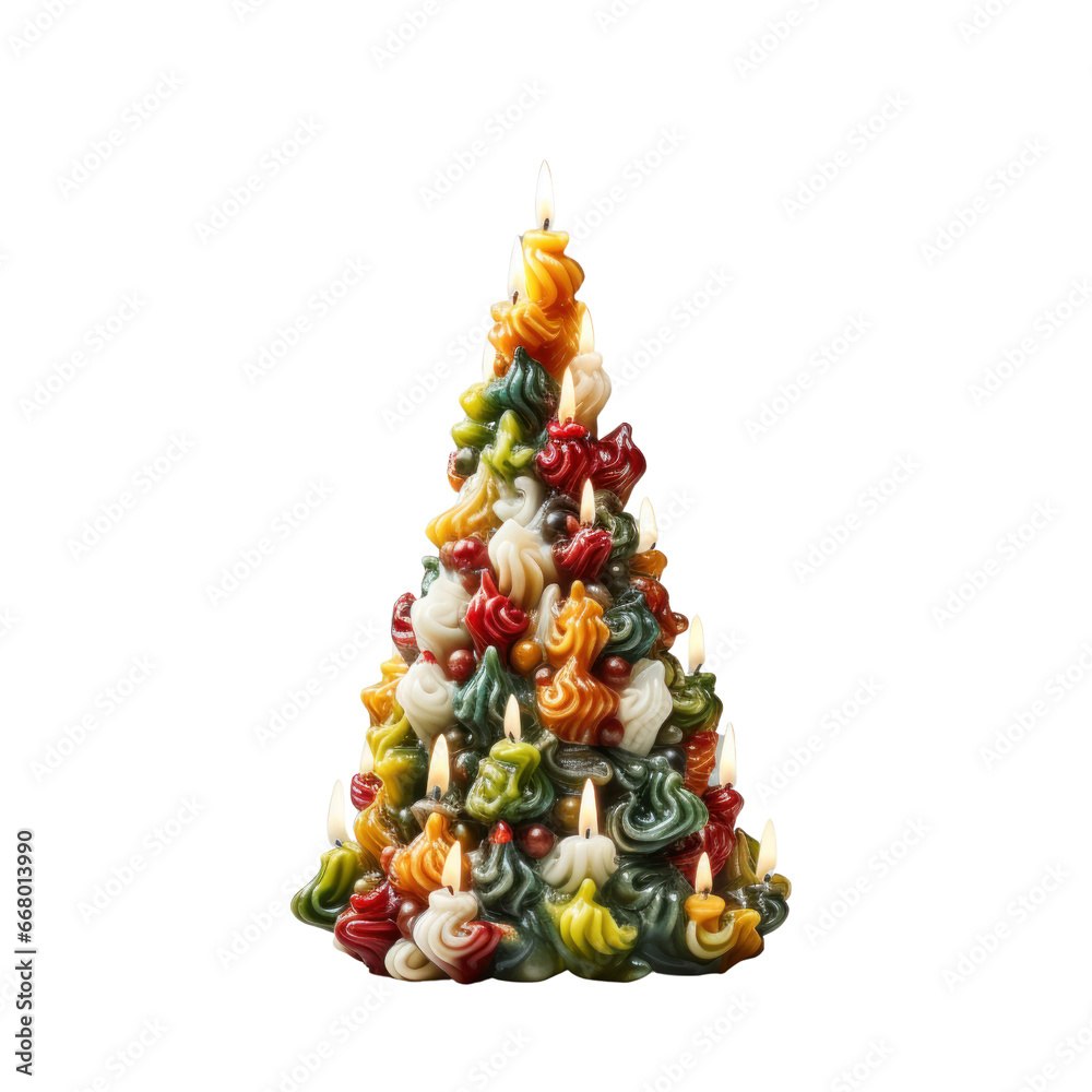 Сolorful decorated Christmas tree candle. Isolated on transparent background.