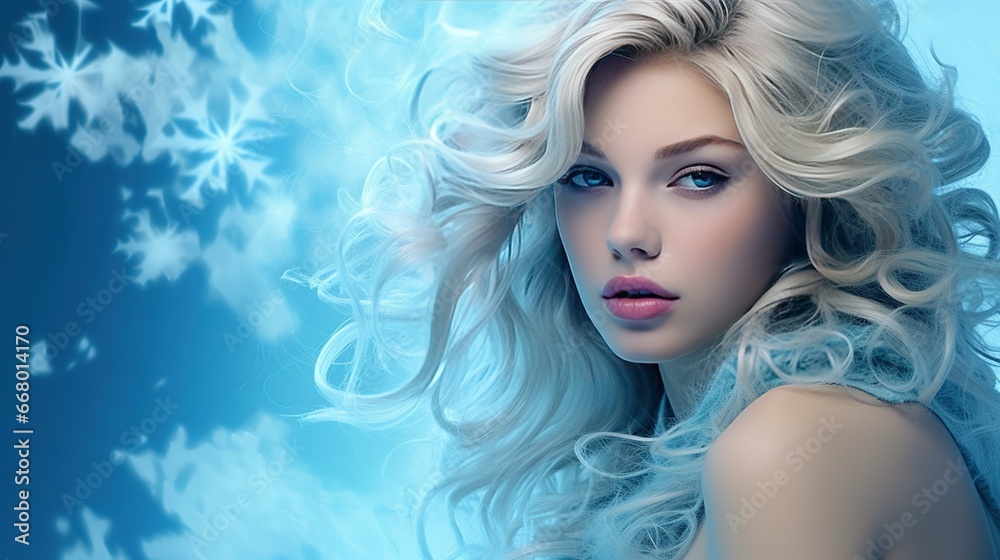 A beautiful woman with blond hair with a blue background and snowflakes in her hair
