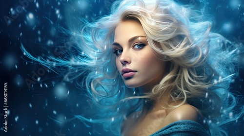A beautiful woman with blond hair with a blue background and snowflakes in her hair © LaxmiOwl