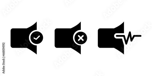 
Icons that increase and decrease the sound. The icon indicates mute. Set of sound icons with different signal levels in black filled style. Vector.

