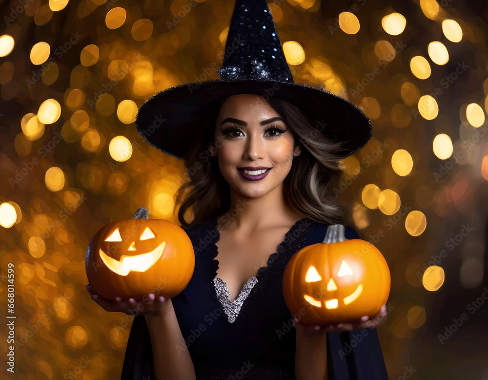 A woman dressed in a witch's costume, complete with a wide-brimmed hat. She has long, wavy blonde hair and is seen smiling with her arms outstretched. A woman dressed in a witch's costume, complete with a wide-brimmed hat. She has long, wavy blonde hair and is seen smiling with her arms outstretched.