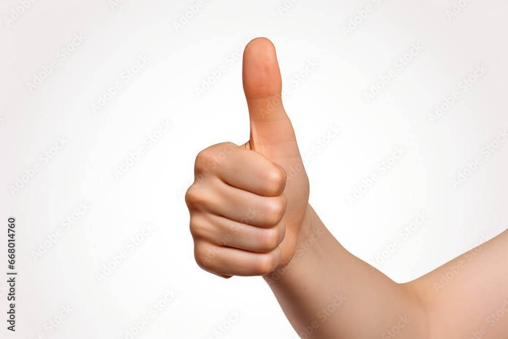 Women's hands with thumbs up sign isolated against white background