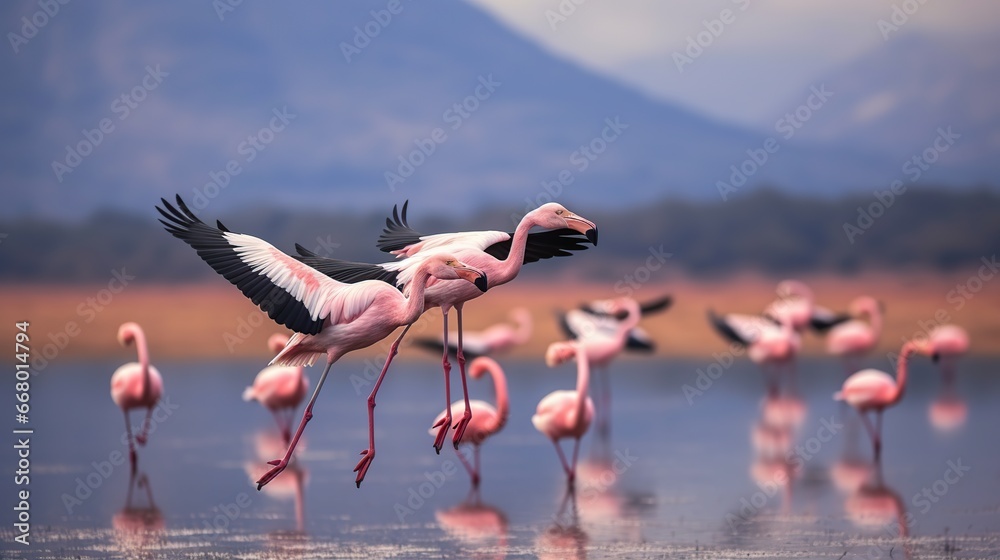 Beautiful view of pink flamingos flying over lake water. AI generated image - obrazy, fototapety, plakaty 