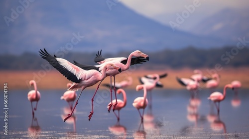 Beautiful view of pink flamingos flying over lake water. AI generated image