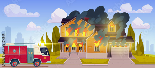 Fire engine near burning house. Vector cartoon illustration of flame and smoke rising from suburban cottage, firefighters vehicle, rescue team on emergency call, cityscape background, clouds in sky