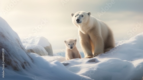 White big polar bear with a small bear cub in the rock with snow. AI generated image