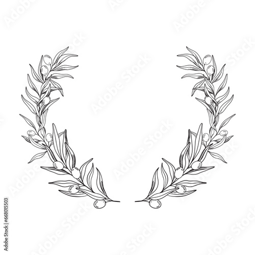 Sketch Wreath of olive branch with berries and leaves. Hand drawn vector line art illustration. Black and white drawing of the symbol of Italy or Greek for cards, design logo, tattoo