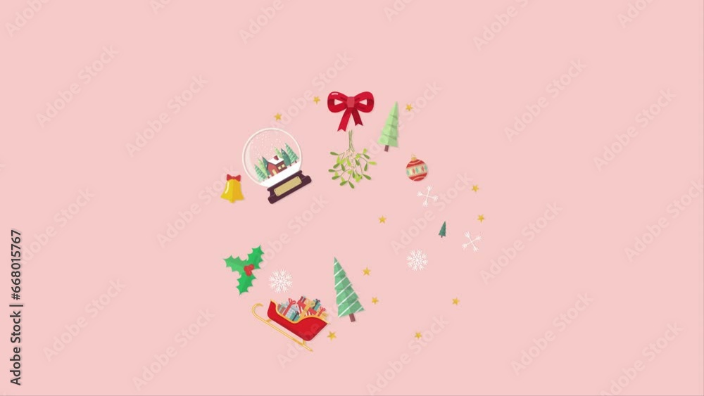 Christmas elements laid out in the shape of a Christmas ball animation. 4k video animated Christmas elements laid out in the shape of a Christmas ball animation. 4k video animated