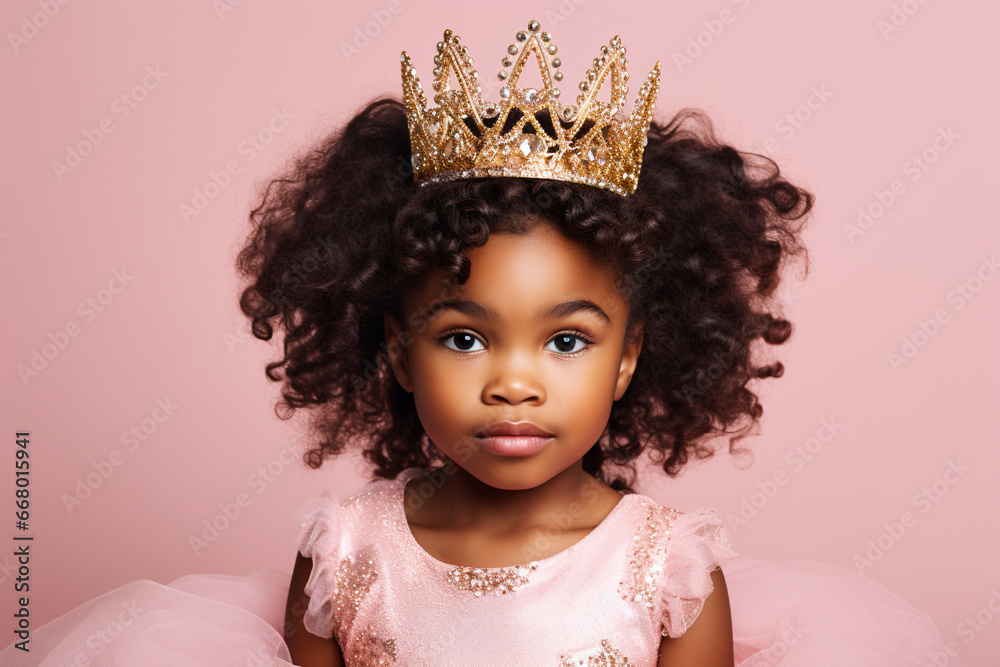 Fototapeta premium cute black little girl portrait dressed as a beautiful princess wearing a golden tiara on a pastel pink background, studio shot