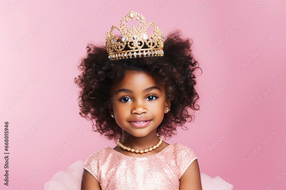 cute black little girl portrait dressed as a beautiful princess wearing a golden tiara on a pastel pink background, studio shot cute black little girl portrait dressed as a beautiful princess wearing a golden tiara on a pastel pink background, studio shot
