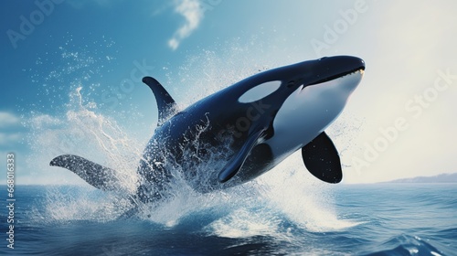 Close up magnificent killer whale jumping over the blue sea. AI generated image