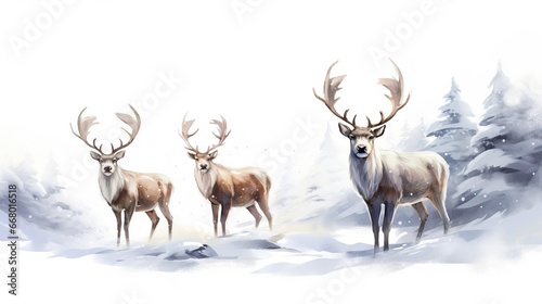 Reindeer portrait with massive antlers stand in snow. AI generated image