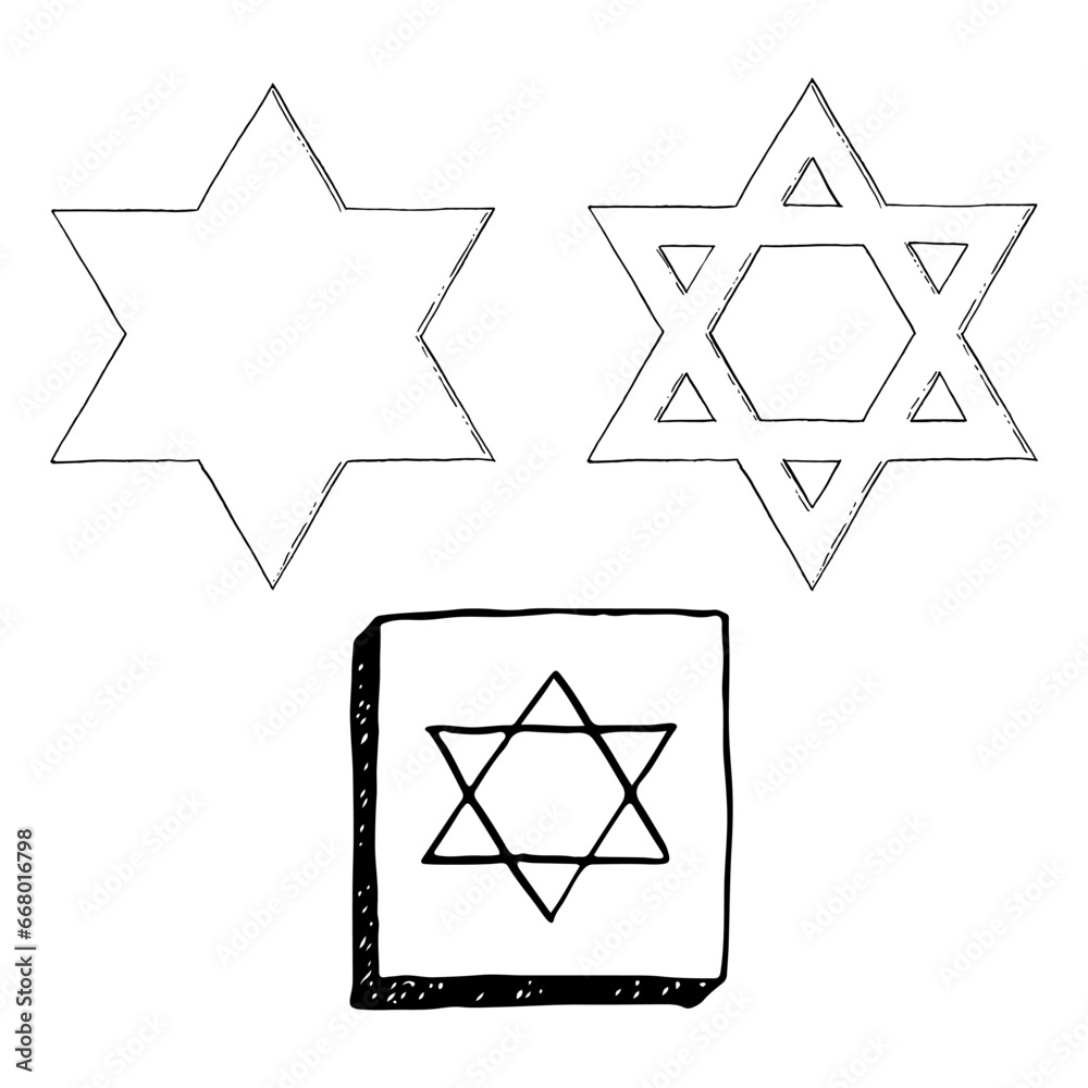Vector star of David black and white graphic illustration set for Jewish designs with magen David. Six pointed hexagram geometric figure Vector star of David black and white graphic illustration set for Jewish designs with magen David. Six pointed hexagram geometric figure